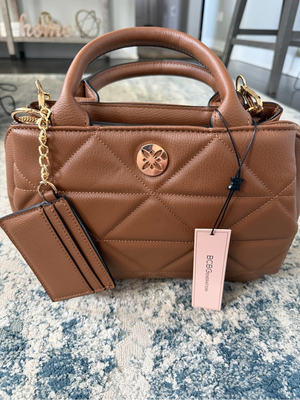 BCBG Quilted Tan Brown Top-Handle Satchel with Cardholder